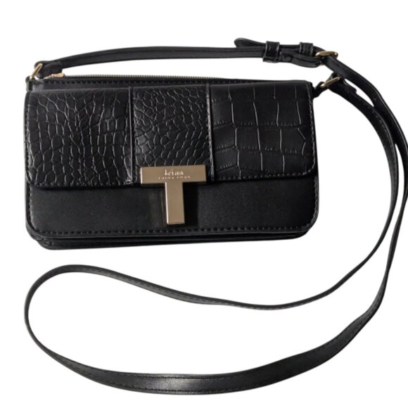 Trina Turk Black Vegan Leather Shoulder Strap Zipper Clutch with Logo Detail - Picture 1 of 6